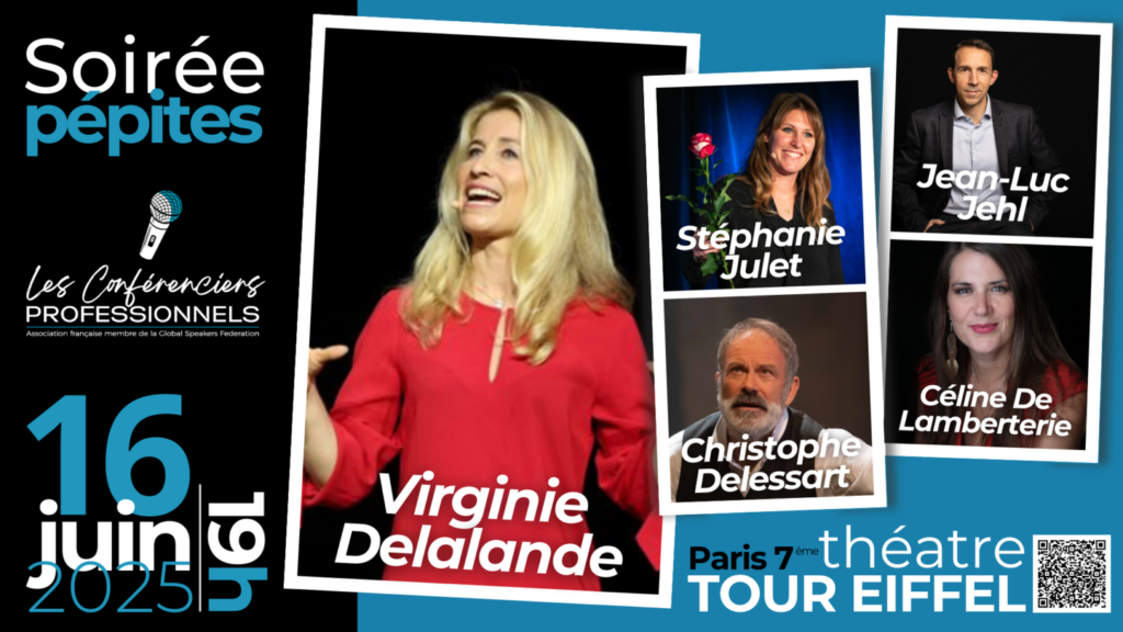 Affiche de la Soirée PÉPITES 2025 présentant les 5 conférenciers inspirants au Théâtre de la Tour Eiffel, le 16 juin à Paris